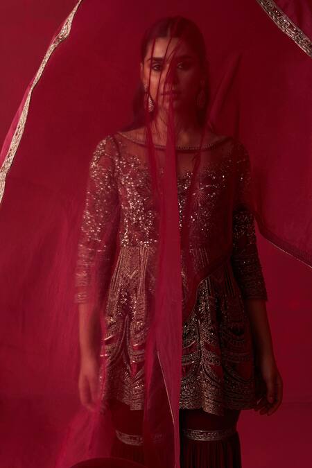 Buy Adaara Couture Maroon Silk, Georgette, Organza Sequins, Beads, Glitch Peplum Top Sharara Set Buy_Adaara Couture_Maroon Silk, Georgette, Organza Sequins, Beads, Glitch Peplum Top Sharara Set