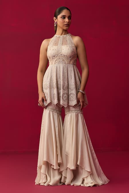 Adaara Couture Ivory Top Chanderi Embroidery Sequin Halter Neck Mandala Peplum And Sharara Set 