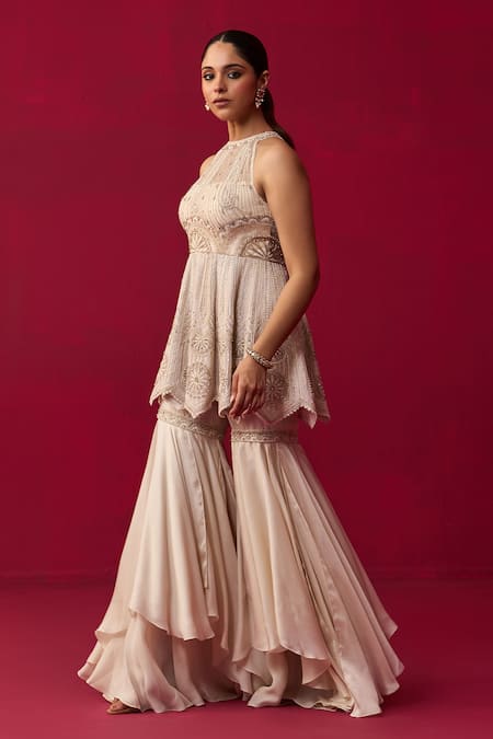Adaara Couture Ivory Chanderi, Satin, Organza Cut Mandala Embroidered Peplum Top And Sharara Set Online at Aza Fashions Adaara Couture_Ivory Chanderi, Satin, Organza Cut Mandala Embroidered Peplum Top And Sharara Set _Online_at_Aza_Fashions