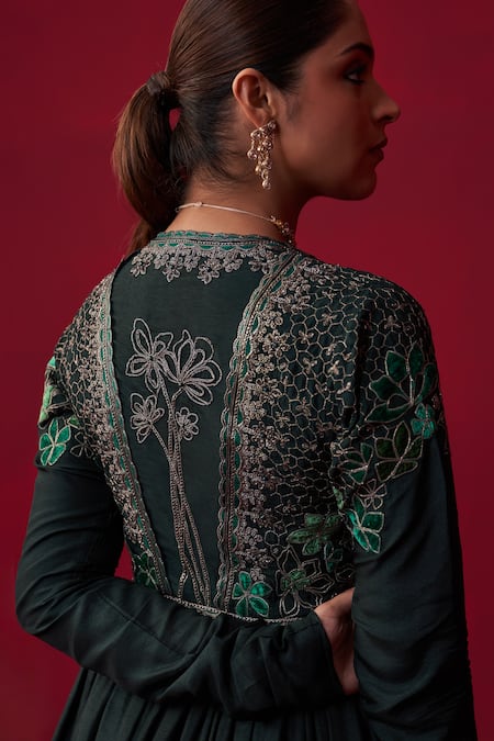 Shop Adaara Couture Green Silk Cut Work, Sequins, Natures Bounty Embroidered Anarkali And Sharara Set at Aza Fashions Shop_Adaara Couture_Green Silk Cut Work, Sequins, Natures Bounty Embroidered Anarkali And Sharara Set _at_Aza_Fashions
