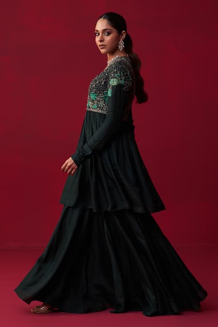 Adaara Couture Green Silk Cut Work, Sequins, Natures Bounty Embroidered Anarkali And Sharara Set Online at Aza Fashions Adaara Couture_Green Silk Cut Work, Sequins, Natures Bounty Embroidered Anarkali And Sharara Set _Online_at_Aza_Fashions