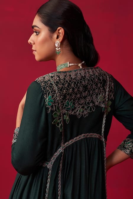 Shop Adaara Couture Green Silk Embroidery Split V-neck Natures Bounty Kurta And Pant Set at Aza Fashions Shop_Adaara Couture_Green Silk Embroidery Split V-neck Natures Bounty Kurta And Pant Set _at_Aza_Fashions