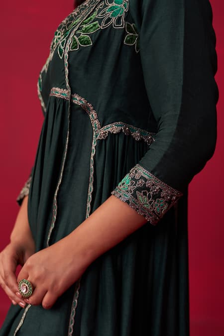 Adaara Couture Green Silk Embroidery Split V-neck Natures Bounty Kurta And Pant Set Online at Aza Fashions Adaara Couture_Green Silk Embroidery Split V-neck Natures Bounty Kurta And Pant Set _Online_at_Aza_Fashions
