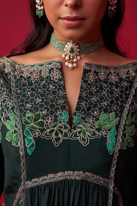 Buy Adaara Couture Green Silk Embroidery Split V-neck Natures Bounty Kurta And Pant Set Online at Aza Fashions Buy_Adaara Couture_Green Silk Embroidery Split V-neck Natures Bounty Kurta And Pant Set _Online_at_Aza_Fashions