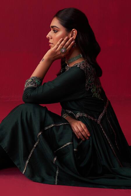 Shop Adaara Couture Green Silk Embroidery Split V-neck Natures Bounty Kurta And Pant Set Online at Aza Fashions Shop_Adaara Couture_Green Silk Embroidery Split V-neck Natures Bounty Kurta And Pant Set _Online_at_Aza_Fashions