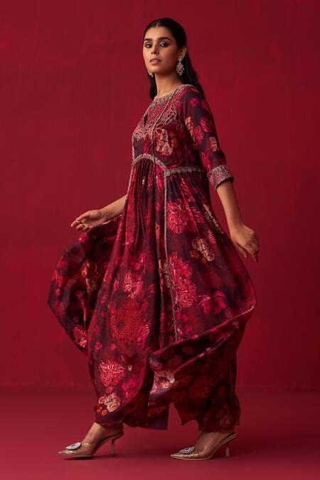 Shop Adaara Couture Pink Silk Beads, Sequins Keyhole Neck Natures Bounty Printed Kurta And Pant Set Online at Aza Fashions Shop_Adaara Couture_Pink Silk Beads, Sequins Keyhole Neck Natures Bounty Printed Kurta And Pant Set _Online_at_Aza_Fashions