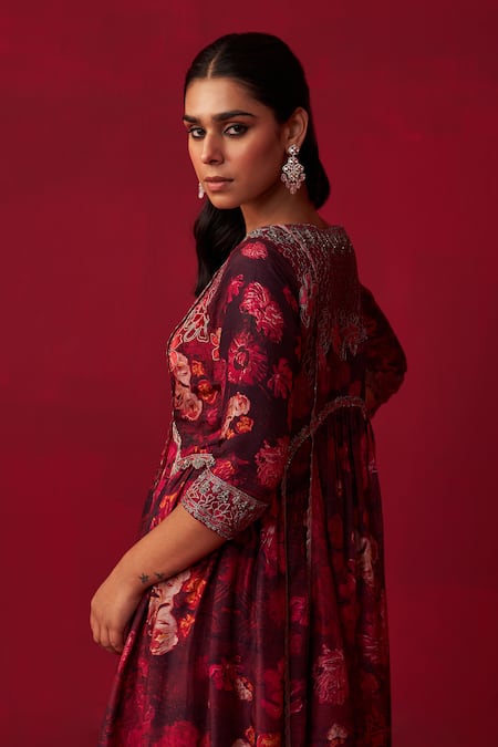 Adaara Couture Pink Silk Beads, Sequins Keyhole Neck Natures Bounty Printed Kurta And Pant Set at Aza Fashions Adaara Couture_Pink Silk Beads, Sequins Keyhole Neck Natures Bounty Printed Kurta And Pant Set _at_Aza_Fashions
