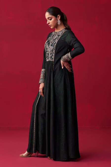 Shop Adaara Couture Green Silk Cut Work, Sequins Keyhole Glitch Yoke Embroidered Kurta And Pant Set at Aza Fashions Shop_Adaara Couture_Green Silk Cut Work, Sequins Keyhole Glitch Yoke Embroidered Kurta And Pant Set _at_Aza_Fashions