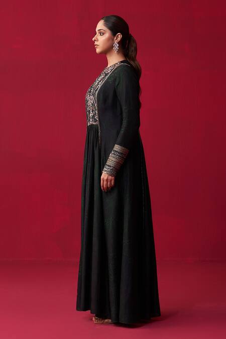 Adaara Couture Green Silk Cut Work, Sequins Keyhole Glitch Yoke Embroidered Kurta And Pant Set Online at Aza Fashions Adaara Couture_Green Silk Cut Work, Sequins Keyhole Glitch Yoke Embroidered Kurta And Pant Set _Online_at_Aza_Fashions