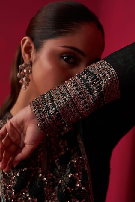 Adaara Couture Green Silk Cut Work, Sequins Keyhole Glitch Yoke Embroidered Kurta And Pant Set at Aza Fashions Adaara Couture_Green Silk Cut Work, Sequins Keyhole Glitch Yoke Embroidered Kurta And Pant Set _at_Aza_Fashions