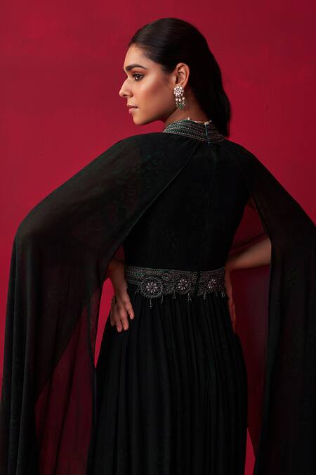 Shop_Adaara Couture_Green Georgette Embroidery Sequin Plunge V Neck Dewdrop Print Kaftan _at_Aza_Fashions