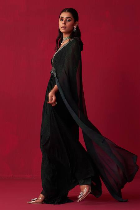Adaara Couture_Green Georgette Embroidery Sequin Plunge V Neck Dewdrop Print Kaftan _Online_at_Aza_Fashions