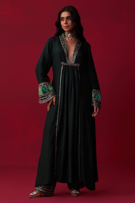 Adaara Couture Green Russian Silk Embroidered Faerie Front Gathered Kurta And Palazzo Set 