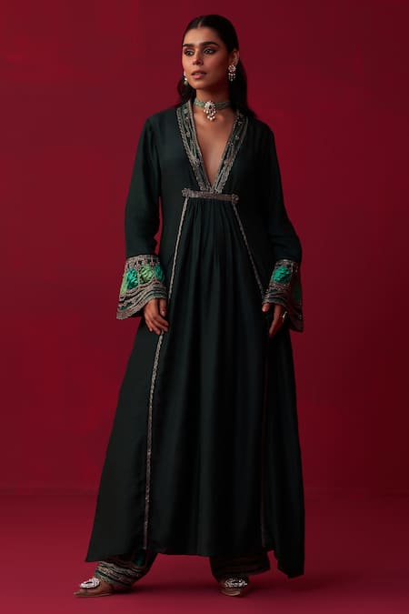 Shop Adaara Couture Green Silk Applique, Beads, Cut Work Faerie Front Gathered Kurta And Palazzo Set at Aza Fashions Shop_Adaara Couture_Green Silk Applique, Beads, Cut Work Faerie Front Gathered Kurta And Palazzo Set _at_Aza_Fashions