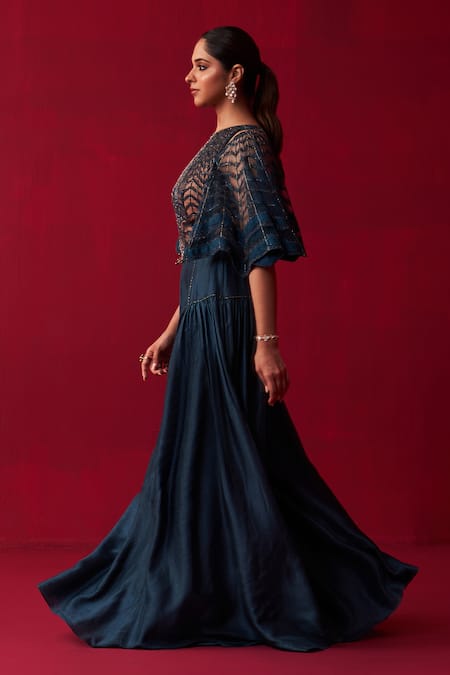 Shop Adaara Couture Blue Silk Sequins, Beads Round Neck Glistening Waves Embroidered Flared Jumpsuit at Aza Fashions Shop_Adaara Couture_Blue Silk Sequins, Beads Round Neck Glistening Waves Embroidered Flared Jumpsuit _at_Aza_Fashions
