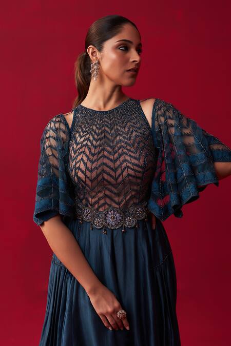 Adaara Couture Blue Silk Sequins, Beads Round Neck Glistening Waves Embroidered Flared Jumpsuit Online at Aza Fashions Adaara Couture_Blue Silk Sequins, Beads Round Neck Glistening Waves Embroidered Flared Jumpsuit _Online_at_Aza_Fashions