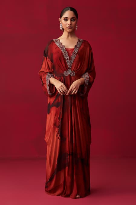 Adaara Couture Red Georgette Printed And Embroidered Marble V Neck Mandala Draped Kaftan 