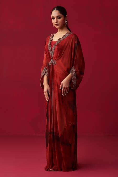 Shop Adaara Couture Red Georgette Embroidery, Sequins V-neck Mandala Marble Print Draped Kaftan at Aza Fashions Shop_Adaara Couture_Red Georgette Embroidery, Sequins V-neck Mandala Marble Print Draped Kaftan _at_Aza_Fashions