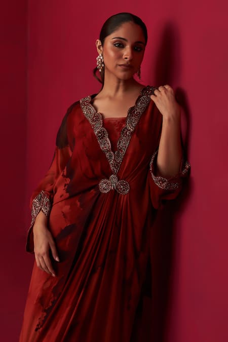 Adaara Couture Red Georgette Embroidery, Sequins V-neck Mandala Marble Print Draped Kaftan Online at Aza Fashions Adaara Couture_Red Georgette Embroidery, Sequins V-neck Mandala Marble Print Draped Kaftan _Online_at_Aza_Fashions