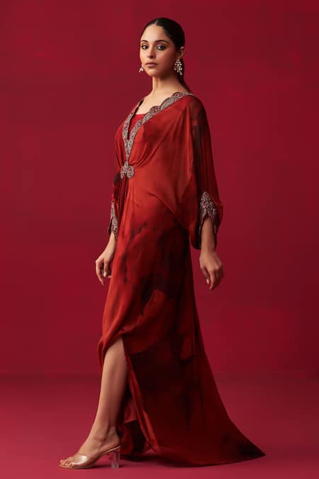 Buy Adaara Couture Red Georgette Embroidery, Sequins V-neck Mandala Marble Print Draped Kaftan Online at Aza Fashions Buy_Adaara Couture_Red Georgette Embroidery, Sequins V-neck Mandala Marble Print Draped Kaftan _Online_at_Aza_Fashions