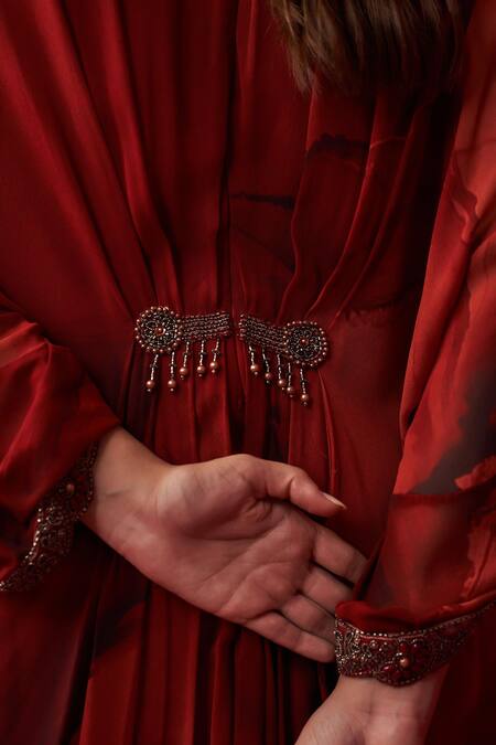 Shop Adaara Couture Red Georgette Embroidery, Sequins V-neck Mandala Marble Print Draped Kaftan Online at Aza Fashions Shop_Adaara Couture_Red Georgette Embroidery, Sequins V-neck Mandala Marble Print Draped Kaftan _Online_at_Aza_Fashions