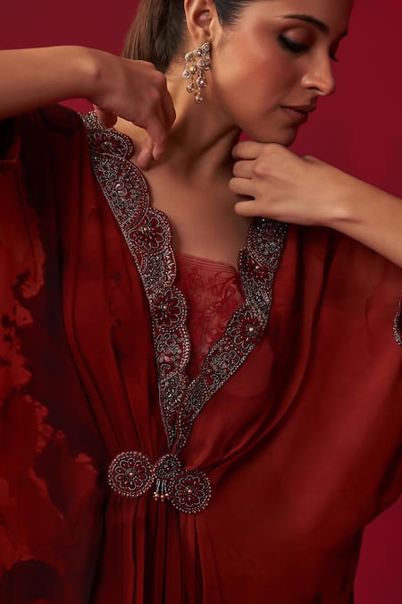 Adaara Couture Red Georgette Embroidery, Sequins V-neck Mandala Marble Print Draped Kaftan at Aza Fashions Adaara Couture_Red Georgette Embroidery, Sequins V-neck Mandala Marble Print Draped Kaftan _at_Aza_Fashions