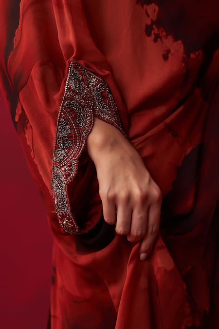 Buy Adaara Couture Red Georgette Embroidery, Sequins V-neck Mandala Marble Print Draped Kaftan Buy_Adaara Couture_Red Georgette Embroidery, Sequins V-neck Mandala Marble Print Draped Kaftan