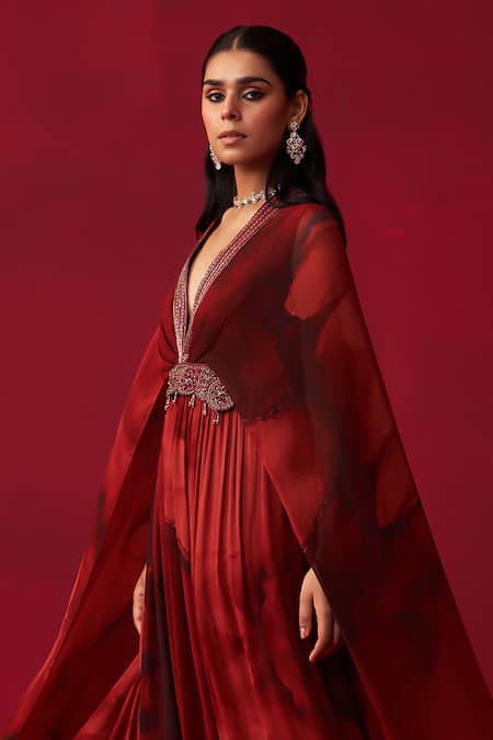Shop Adaara Couture Red Georgette Crystals, Pearls, Sequins V-neck Dewdrop Marble Print Kaftan at Aza Fashions Shop_Adaara Couture_Red Georgette Crystals, Pearls, Sequins V-neck Dewdrop Marble Print Kaftan_at_Aza_Fashions