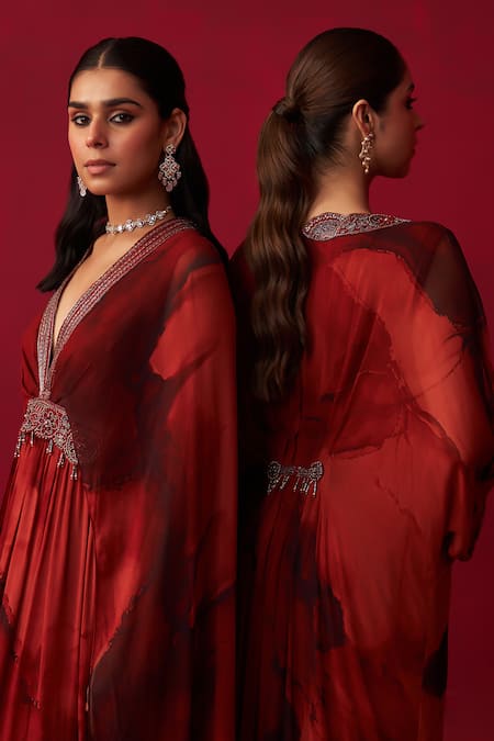 Adaara Couture Red Georgette Crystals, Pearls, Sequins V-neck Dewdrop Marble Print Kaftan Online at Aza Fashions Adaara Couture_Red Georgette Crystals, Pearls, Sequins V-neck Dewdrop Marble Print Kaftan_Online_at_Aza_Fashions