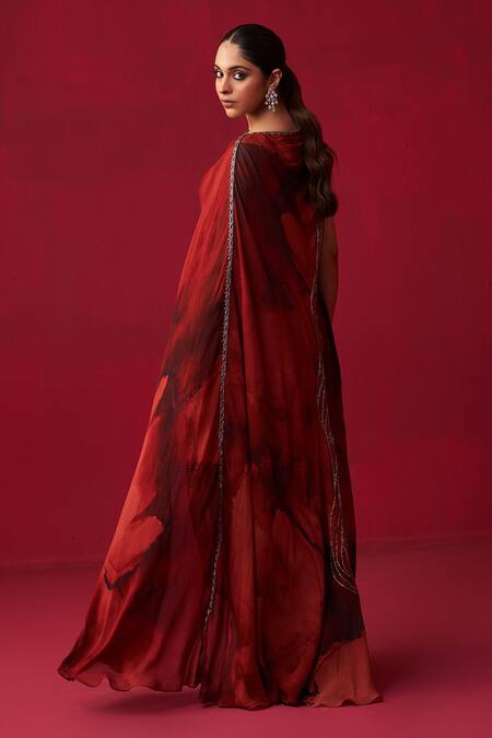 Shop_Adaara Couture_Red Georgette Crystals, Pearls, Sequins Boat Dewdrop Marble Print Draped Kaftan _at_Aza_Fashions