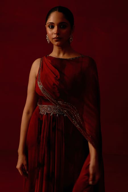 Adaara Couture_Red Georgette Crystals, Pearls, Sequins Boat Dewdrop Marble Print Draped Kaftan _Online_at_Aza_Fashions