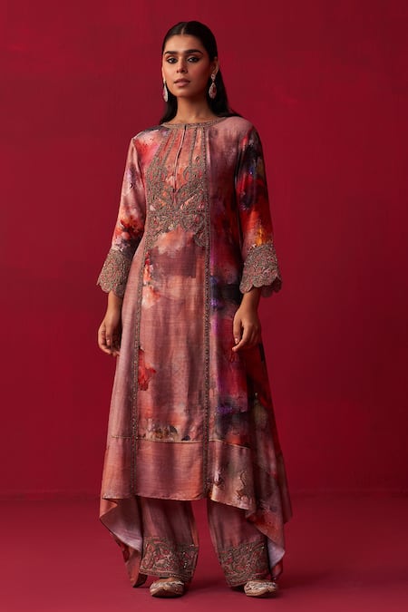 Shop_Adaara Couture_Pink Cotton, Silk, Organza Embroidery, Floral Bliss Printed Kurta Palazzo Set _at_Aza_Fashions