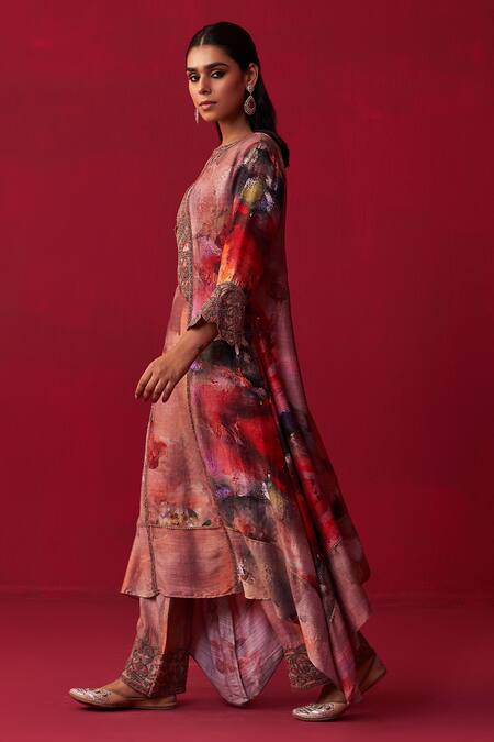 Buy_Adaara Couture_Pink Cotton, Silk, Organza Embroidery, Floral Bliss Printed Kurta Palazzo Set _Online_at_Aza_Fashions
