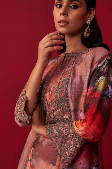 Shop_Adaara Couture_Pink Cotton, Silk, Organza Embroidery, Floral Bliss Printed Kurta Palazzo Set _Online_at_Aza_Fashions