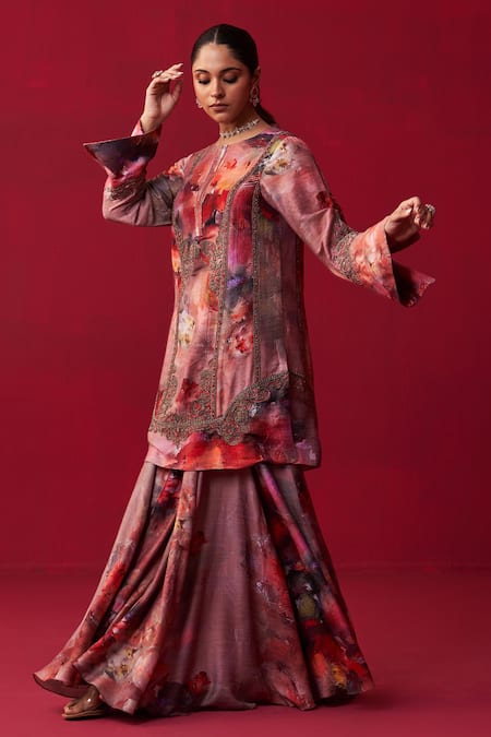 Shop Adaara Couture Pink Cotton, Silk Embroidery, Zari Floral Bliss Printed Kurta And Sharara Set at Aza Fashions Shop_Adaara Couture_Pink Cotton, Silk Embroidery, Zari Floral Bliss Printed Kurta And Sharara Set _at_Aza_Fashions