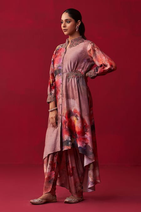 Adaara Couture Pink Cotton Silk Printed And Embroidered Floral Bliss Tunic & Dhoti Pant Set 