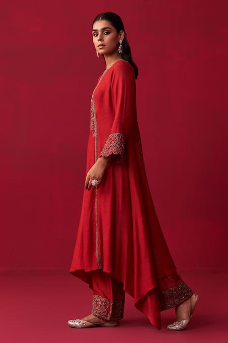 Shop Adaara Couture Red Cotton, Silk, Organza Embroidery, Metallic Bliss Printed Kurta Palazzo Set at Aza Fashions Shop_Adaara Couture_Red Cotton, Silk, Organza Embroidery, Metallic Bliss Printed Kurta Palazzo Set _at_Aza_Fashions
