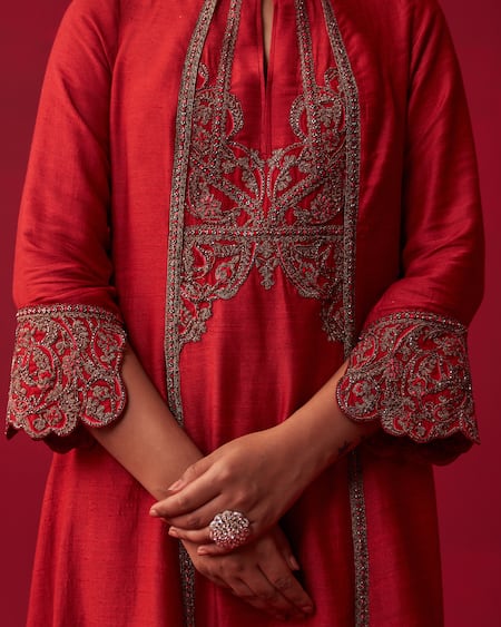 Buy Adaara Couture Red Cotton, Silk, Organza Embroidery, Metallic Bliss Printed Kurta Palazzo Set Online at Aza Fashions Buy_Adaara Couture_Red Cotton, Silk, Organza Embroidery, Metallic Bliss Printed Kurta Palazzo Set _Online_at_Aza_Fashions