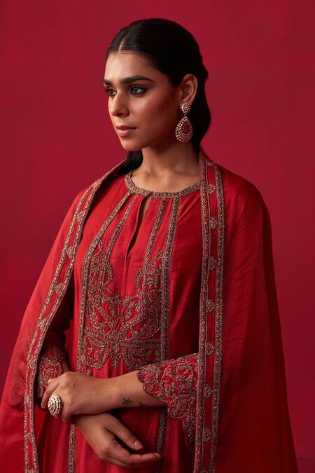 Shop Adaara Couture Red Cotton, Silk, Organza Embroidery, Metallic Bliss Printed Kurta Palazzo Set Online at Aza Fashions Shop_Adaara Couture_Red Cotton, Silk, Organza Embroidery, Metallic Bliss Printed Kurta Palazzo Set _Online_at_Aza_Fashions