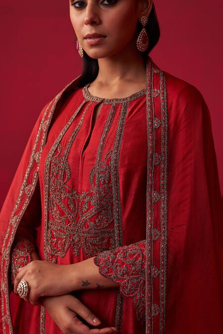 Adaara Couture Red Cotton, Silk, Organza Embroidery, Metallic Bliss Printed Kurta Palazzo Set at Aza Fashions Adaara Couture_Red Cotton, Silk, Organza Embroidery, Metallic Bliss Printed Kurta Palazzo Set _at_Aza_Fashions