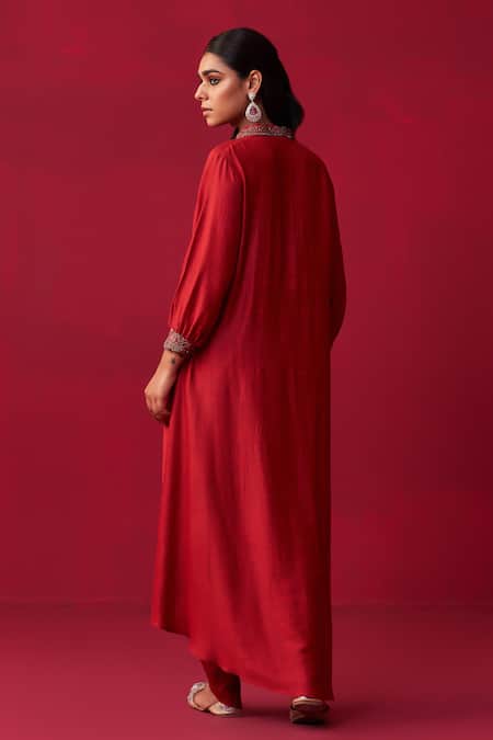 Shop Adaara Couture Red Cotton, Silk Zari, Embroidery, Cut Metallic Bliss Tunic And Dhoti Pant Set at Aza Fashions Shop_Adaara Couture_Red Cotton, Silk Zari, Embroidery, Cut Metallic Bliss Tunic And Dhoti Pant Set _at_Aza_Fashions