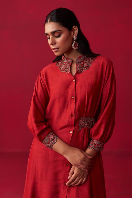 Buy Adaara Couture Red Cotton, Silk Zari, Embroidery, Cut Metallic Bliss Tunic And Dhoti Pant Set Online at Aza Fashions Buy_Adaara Couture_Red Cotton, Silk Zari, Embroidery, Cut Metallic Bliss Tunic And Dhoti Pant Set _Online_at_Aza_Fashions