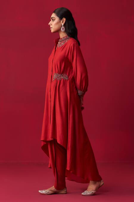 Shop Adaara Couture Red Cotton, Silk Zari, Embroidery, Cut Metallic Bliss Tunic And Dhoti Pant Set Online at Aza Fashions Shop_Adaara Couture_Red Cotton, Silk Zari, Embroidery, Cut Metallic Bliss Tunic And Dhoti Pant Set _Online_at_Aza_Fashions