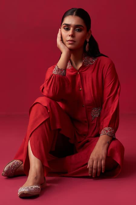 Buy Adaara Couture Red Cotton, Silk Zari, Embroidery, Cut Metallic Bliss Tunic And Dhoti Pant Set Buy_Adaara Couture_Red Cotton, Silk Zari, Embroidery, Cut Metallic Bliss Tunic And Dhoti Pant Set