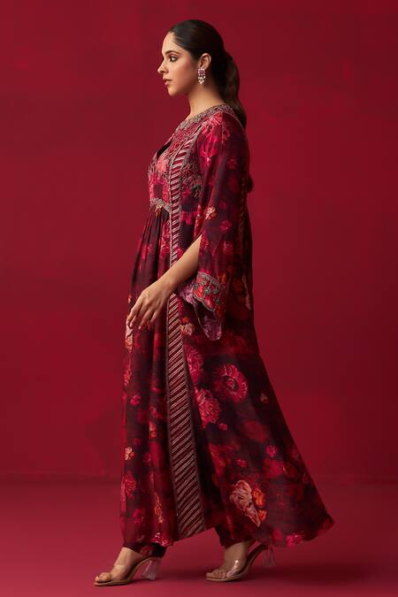 Adaara Couture Pink Silk Beads, Zari, Cut Work Keyhole Nature Bounty Printed Kurta And Pant Set Online at Aza Fashions Adaara Couture_Pink Silk Beads, Zari, Cut Work Keyhole Nature Bounty Printed Kurta And Pant Set _Online_at_Aza_Fashions