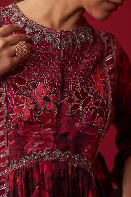 Shop Adaara Couture Pink Silk Beads, Zari, Cut Work Keyhole Nature Bounty Printed Kurta And Pant Set Online at Aza Fashions Shop_Adaara Couture_Pink Silk Beads, Zari, Cut Work Keyhole Nature Bounty Printed Kurta And Pant Set _Online_at_Aza_Fashions