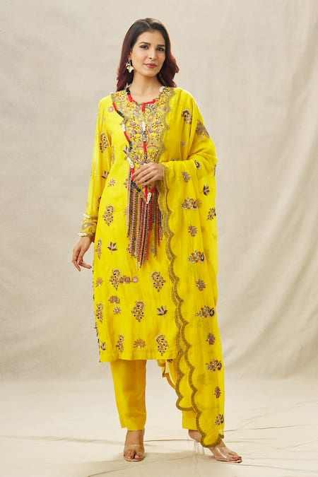 Anamika Khanna Yellow Cotton Silk Embroidery Thread Round Kurta Pant Set 