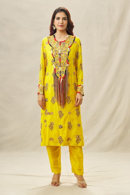 Anamika Khanna_Yellow Cotton, Silk Sequins, Beads, Embroidery Round Neck Thread Kurta Pant Set_Online_at_Aza_Fashions