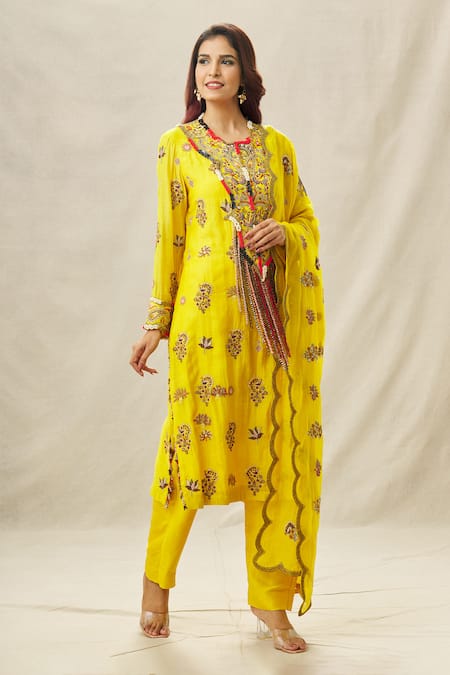 Buy_Anamika Khanna_Yellow Cotton, Silk Sequins, Beads, Embroidery Round Neck Thread Kurta Pant Set_Online_at_Aza_Fashions