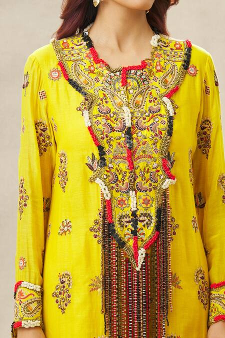 Shop_Anamika Khanna_Yellow Cotton, Silk Sequins, Beads, Embroidery Round Neck Thread Kurta Pant Set_Online_at_Aza_Fashions